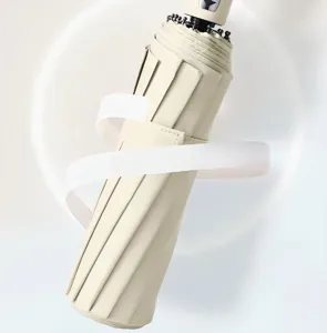Detailansicht eines gefalteten cremefarbenen 12-Speichen-Automatikschirms mit Band.