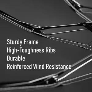 Detailed macro view of a sturdy reinforced black umbrella frame for superior wind resistance