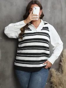 Casual plus size black and white striped knitted vest with stylish V-neck design
