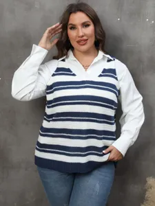 Plus size women's striped knit vest in blue and white layered over a white shirt.