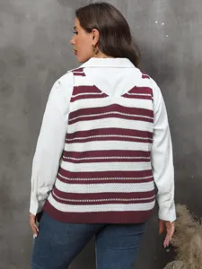 Back view of a plus-size women's casual striped knit vest in burgundy and white.