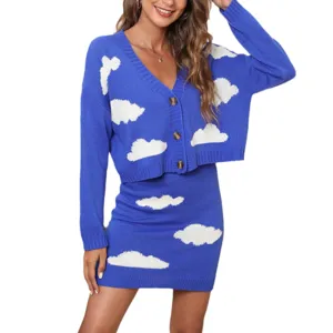Blue cloud print knitted cardigan and mini skirt two-piece set for women casual stylish outfit.