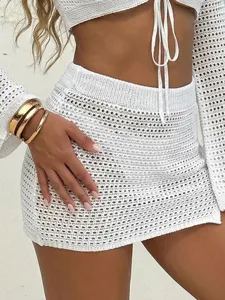 Mini jupe en crochet blanc cache-maillot de plage sexy ajoure cordon ensemble deux pieces