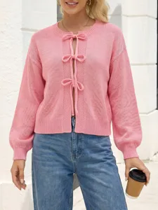 Pink bow front knit cardigan sweater for women, cute long sleeve casual sweater with jeans.