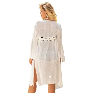White long robe cover-up featuring crochet hollow-out waist design and bell sleeves