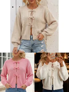 Women's Casual Crew Neck Lace Up Knitted Cardigan Sweater Long Sleeve Solid Color Bowknot Knit Outwear Female Fashion