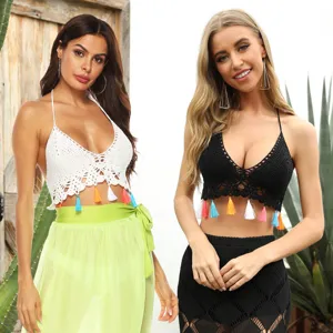 Damen Ethno Handgehäkelt Quaste Patchwork Bikinioberteil Tiefer V Ausschnitt Gehäkelt Halter Beach Vacation Boho Top