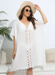 White crochet beach cover up dress, loose hollow out swimwear bikini tunic for women vacation.