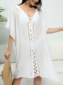 Women white crochet beach cover up dress, elegant hollow out loose swimwear tunic for summer.