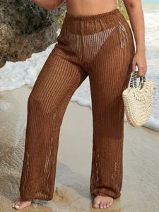Pantalone Lungo da Spiaggia Traforato Casual da Donna Taglia Forte Vestibilità Dritta Ampia Vacanze Tinta Unita
