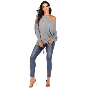 Donna maglione lavorato a maglia spalle scoperte casual manica pipistrello largo con jeans chic.