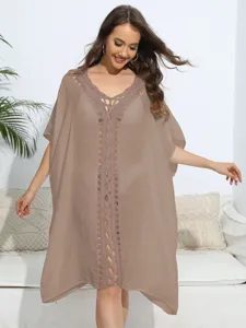 Women loose beach cover up solid color crochet hollow out kaftan bikini summer dress