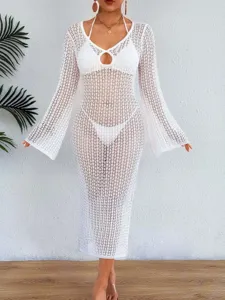 White hollow mesh crochet beach cover-up dress with deep V-neck and flared sleeves