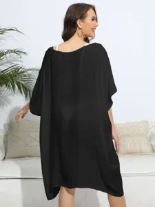 Women casual black loose beach cover up dress summer swimwear solid color kaftan outfit