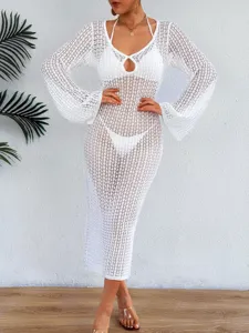 White crochet mesh beach cover-up dress with deep V-neck and hollow-out chest details