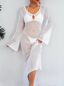 Detailed view of white mesh crochet beach cover-up featuring deep V-neck and long sleeves