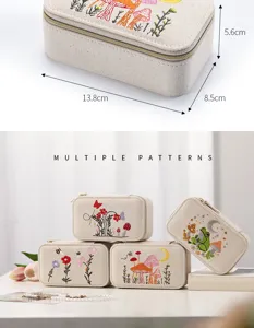 Detail of cotton linen jewelry box with dimensions and multiple embroidery patterns