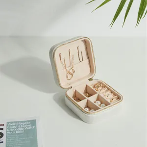 Compact square ivory velvet jewelry box with zipper for earrings and rings storage