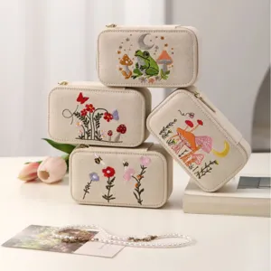 Embroidered Linen Jewelry Box Portable Multi Functional Rings Earrings Necklace Organizer Storage Case Floral Mushroom Moon Pattern
