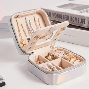 Portable Holographic PU Leather Jewelry Box Large Capacity Travel Earring Ring Storage Organizer Box With Mirror For Women