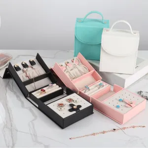 Portable multi-layer faux leather jewelry organizer box for travel in various colors