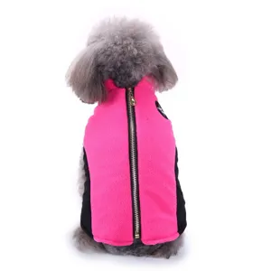Warm fleece pet winter vest for small medium dogs, pink and black zip dog clothes jacket.