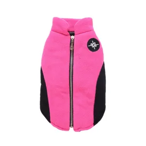 Close-up detail of warm pink and black pet fleece winter jacket designed for small dogs.