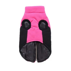 Pet winter warm fleece jacket detail view, pink and black dog coat with secure front zipper.