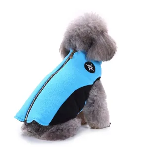 Detail shot of blue and black fleece dog jacket with back zipper, pet winter apparel for small dogs.