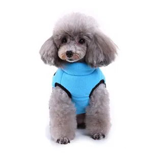Detailed view of the cozy blue pet fleece vest designed for small and medium dogs.