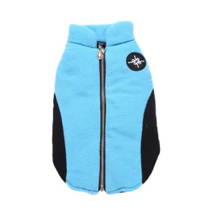 Detailed view of warm pet fleece vest with front zipper closure and soft blue fabric.
