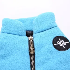 Pet fleece jacket detail, winter warm blue dog coat collar with metal zipper, plush pet clothes.