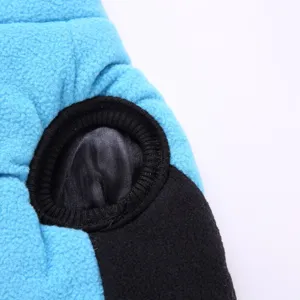 Pet fleece jacket detail view showing blue fabric and black ribbed cuff for small dogs winter.