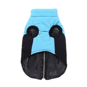 Detailed view of winter pet dog jacket zip closure fleece fabric black and blue design
