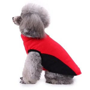 Detailed view of red and black fleece pet jacket, warm winter dog clothes for small breeds.