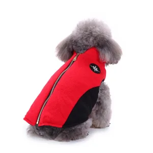 Detail view of red and black fleece pet jacket for small dogs like poodles and pomeranians.