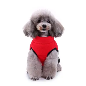 Detailed shot of red pet fleece vest for small dogs, warm winter apparel for pets.