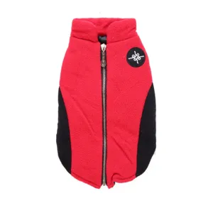 Detailed view of the red and black fleece pet vest, featuring a front zipper and soft warm winter fabric.