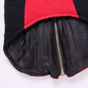 Pet dog winter fleece jacket detail view, warm puppy coat zipper and lining display