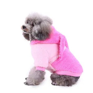 Cute pink pet fleece jacket with bunny ears design, soft warm winter clothes for small dogs.