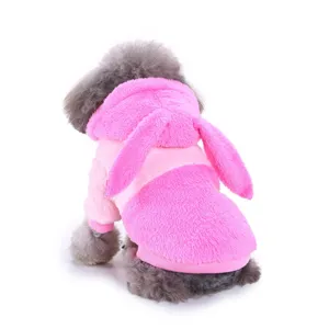 Cute pink bunny ear fleece dog hoodie jacket detail view, warm winter pet apparel for small dogs.
