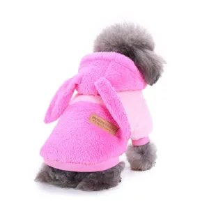 Detailed view of pink pet fleece hoodie with cute bunny ears for small dogs during autumn.