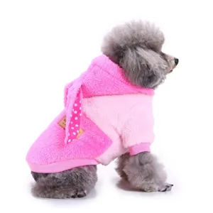 Pink fleece pet hoodie with cute bunny ears, warm winter dog clothes for small medium dogs.