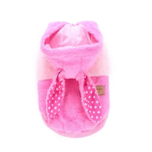 Cute pink plush pet dog winter coat with lovely bunny ears and polka dot design for small dogs.