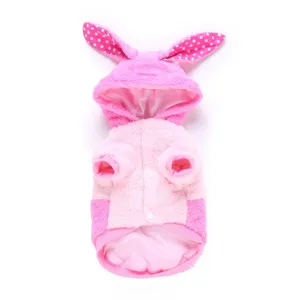 Cute pink pet dog hoodie winter warm coat with rabbit ears plush puppy clothes for small dogs.