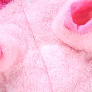 Pink pet fleece jacket detail showcasing soft plush fabric, comfortable ribbed cuffs and warm fit.