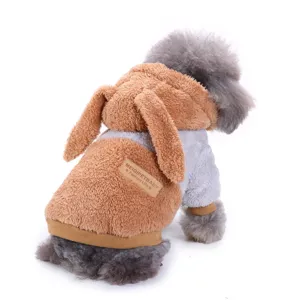 Cute plush dog winter coat with bunny ears, warm fuzzy hoodie jacket for small dogs.
