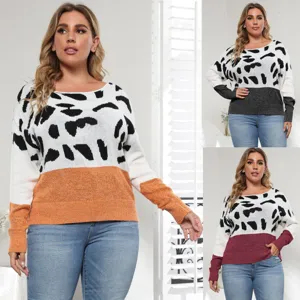 Plus Size Women Leopard Print Color Block Sweater Casual Long Sleeve Boat Neck Pullover Loose Knitwear Top