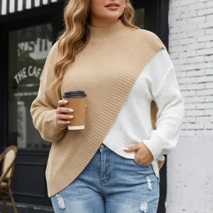Γυναικείο plus size μπλόκ χρώματος ψηλός λαιμός πλεκτό πουλόβερ σταυρωτό στρίφωμα μακρύ μανίκι