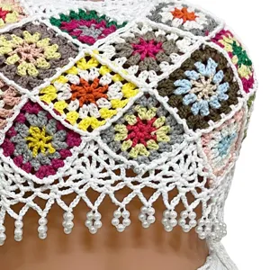 Handmade crochet colorful patchwork boho crop top with delicate beaded fringe for women